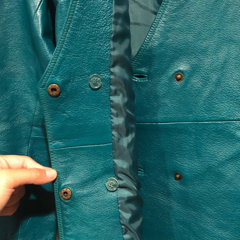 metrostyle Vintage Teal Leather Belted Jacket - Picture 4 of 7